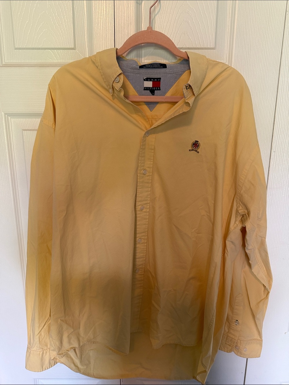 Tommy Hilfiger Men's Pale Yellow Button-Down Shirt with Embroidered Crest
